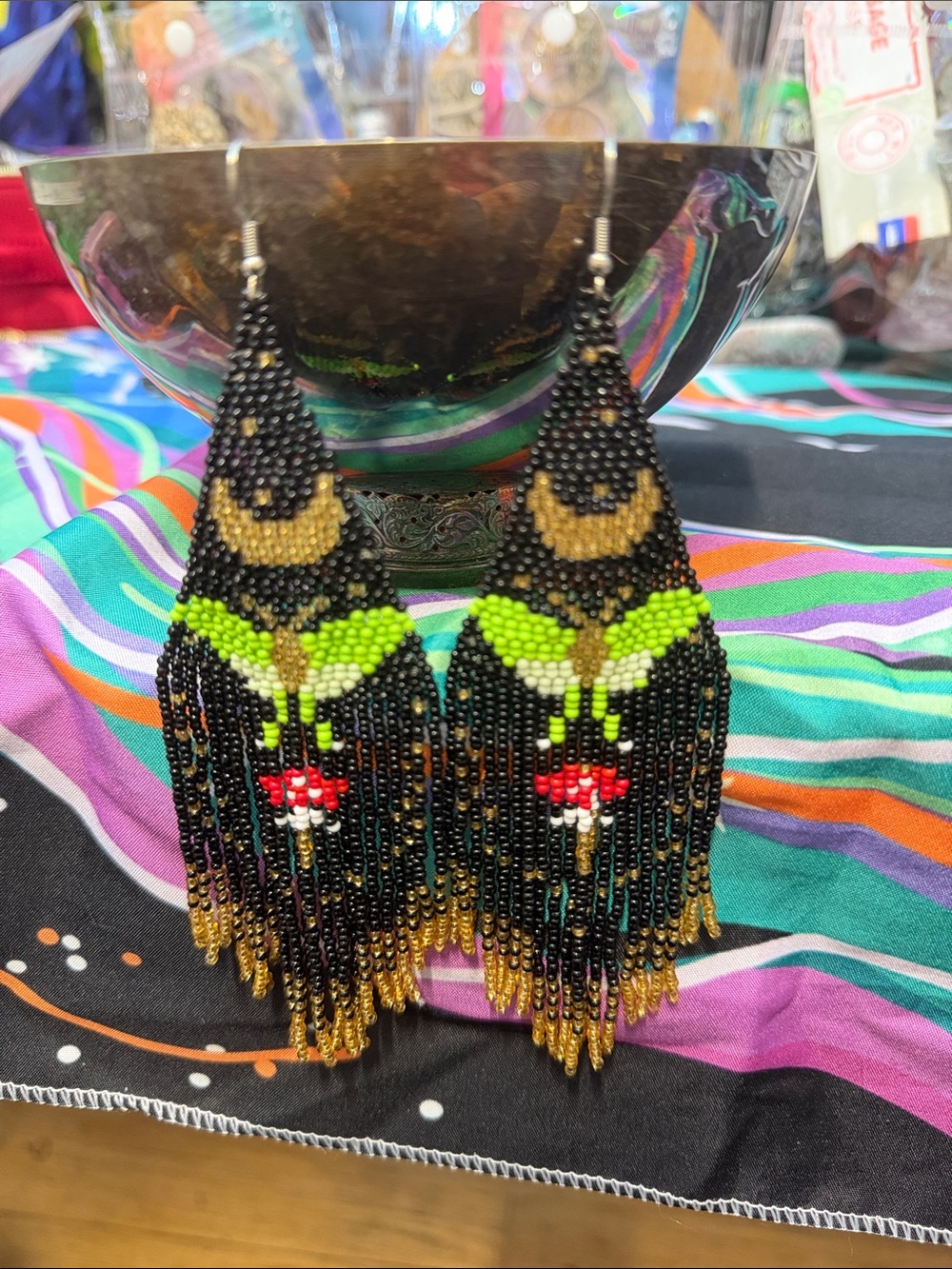 Hand Crafted Black Beaded Fringe Earrings with Green, Gold and Red Details
